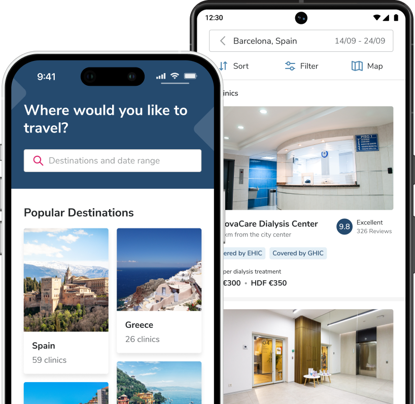 iOS and Android mobile devices showcasing the app UI